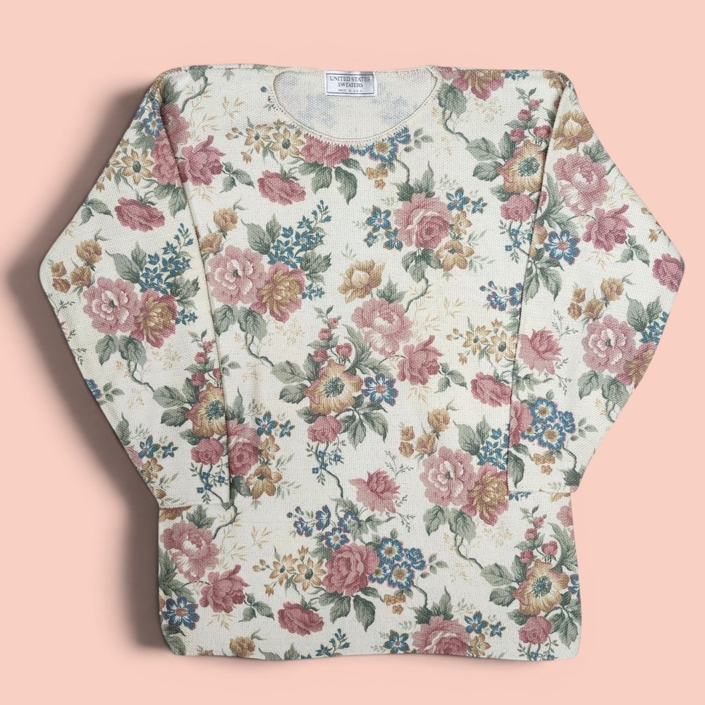 Vintage Floral Tapestry Boatneck Cottagecore Sweater Botanical Rose S/M